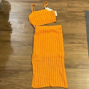 Two Piece Orange Knit Skirt Set Small